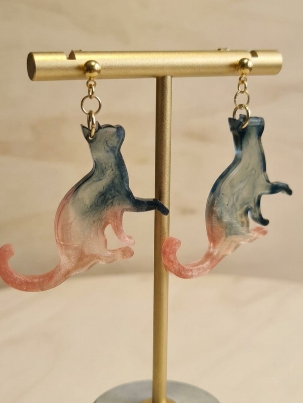 Shimmering Pink & Blue Cat Resin Dangle Earrings | Hypoallergenic Wires